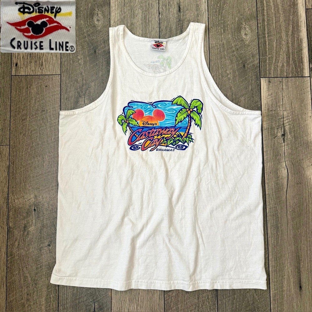 VTG Disney Cruise Line Castaway Cay Bahamas Mickey Graphic White Tank Top Men XL